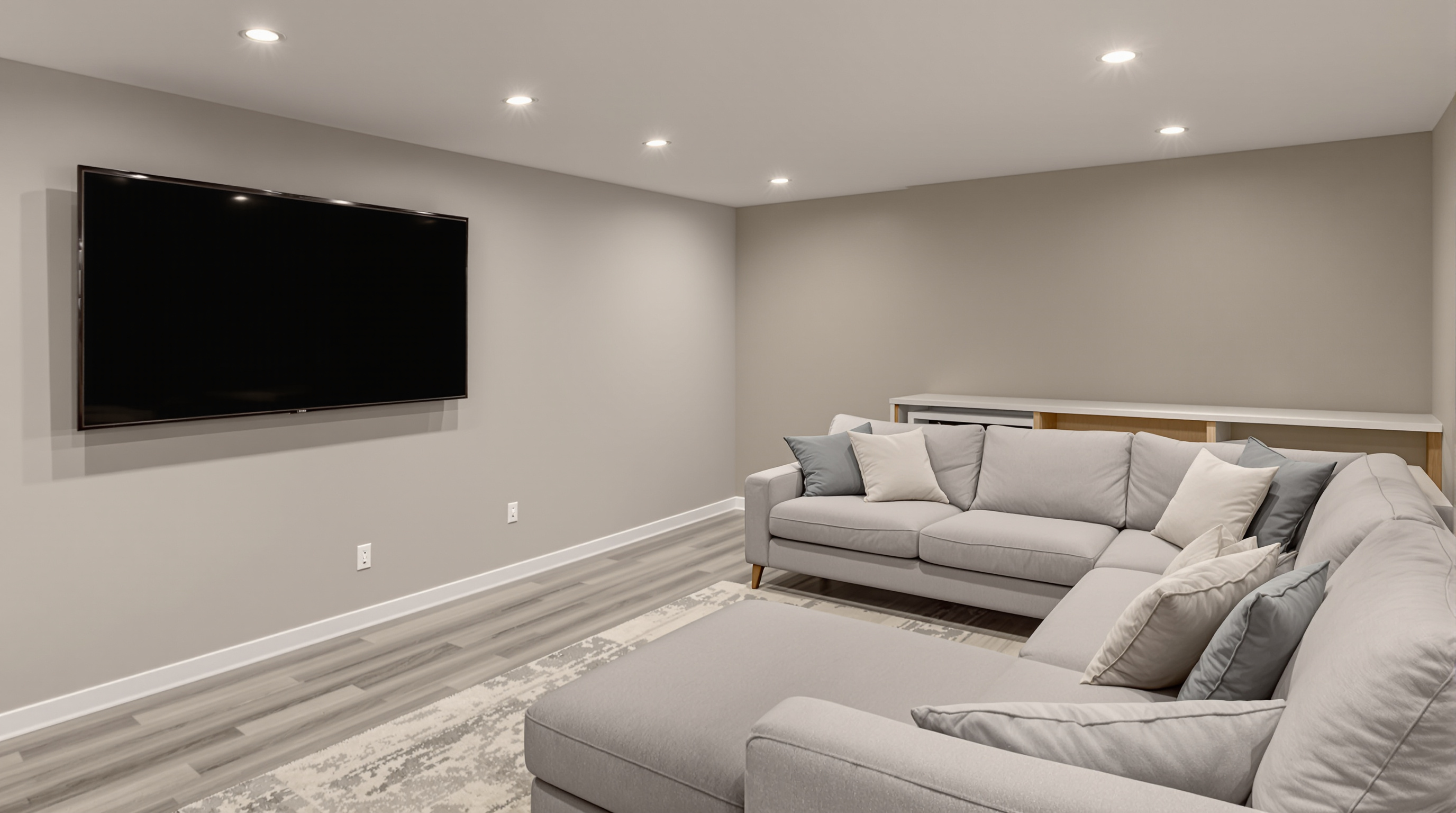 Finished basement with egress window and recessed lighting